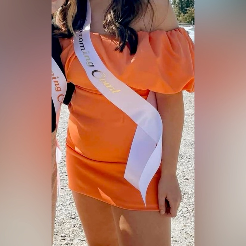 NWT DO+BE orange off the shoulder dress. Size Medium- we bought 2 sizes to try.